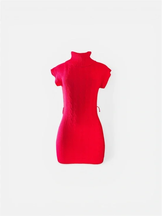 Vintage Chillipop Fitted Red Turtleneck Cable-Knit Mini Dress - Picture 2 of 13